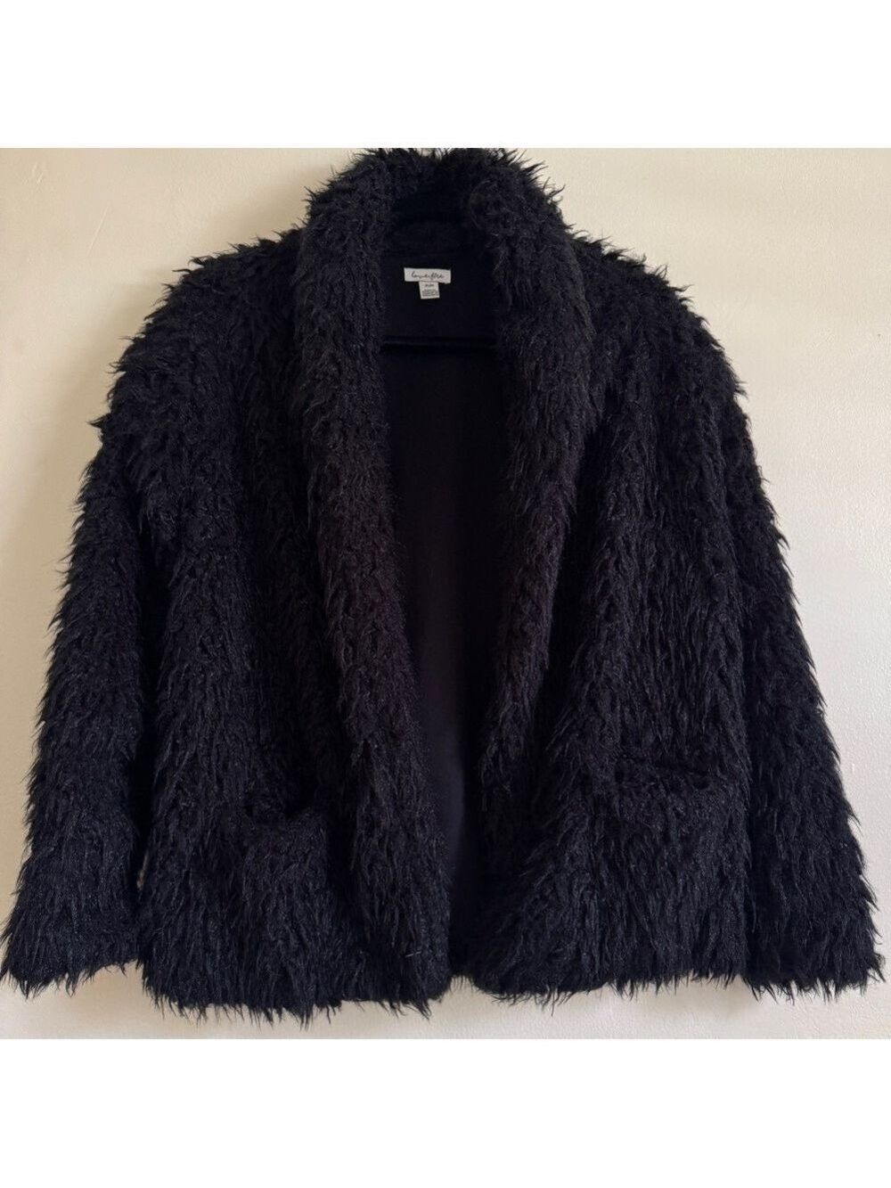 Love Fire Shaggy Black Teddy Jacket, Shawl Collar, Open Front, Size Medium
